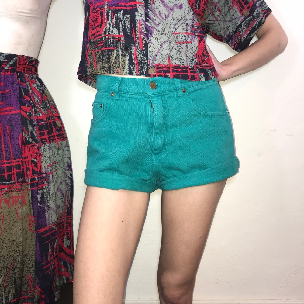 Vintage 90s teal high waist jean shorts